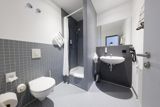 Badezimmer mit Waschbecken, Dusche und WC im Internationalen Studierendenhotel